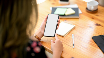 Close-up image, A female using smartphone. phone blank screen.