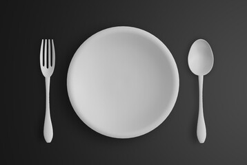White plate with silver fork and spoon on black background, 3D Rendering image