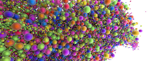 Abstract art with surreal growing splash fluid. Small colored foam balls bubbles particles in movement.