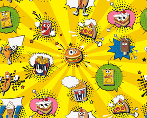Vector flat seamless texture pattern Hand drawn flat trendy cartoon elements collection Fast Food