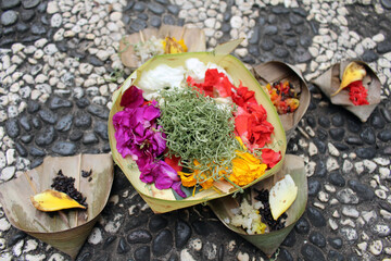 Balinese daily offerings called canang sari at Hindu Temple