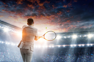 Businessman playing tennis . Mixed media