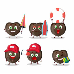 Happy Face love chocolate candy cartoon character playing on a beach