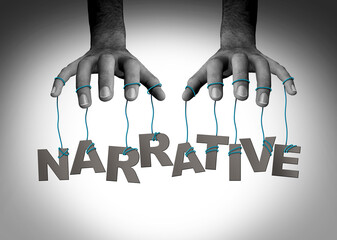 Controlling the narrative media manipulation or directing the conversation as censorship or political persuasion to control the story as a symbol of a powerful puppet master - obrazy, fototapety, plakaty