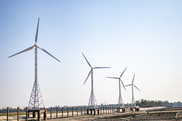 Windmill in offshore in the ocean. The wind power plant, Kutubdia, Bangladesh.