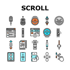 Scroll Computer Mouse Cursor Icons Set Vector. Mobile And Web Page Scroll, Page Navigation And Screen, Button Click And Gesture Hand Line. Scrolling And Clicking Color Illustrations