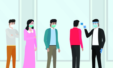 Flat vector illustration of a long queue. A long queue to enter an office while working in the office to prevent covid-19 corona virus concept, pamphlet, flyer, brochure, print, media, poster, banner