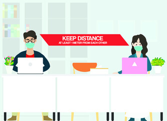 flat vector illustration of keep distance while working in the office to prevent covid-19 corona virus concept, pamphlet, flyer, brochure, print, media, poster, banner