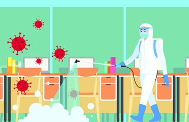 flat vector illustration of spraying disinfectant in the office space to prevent covid-19 corona virus concept, pamphlet, flyer, brochure, print, media, poster, banner