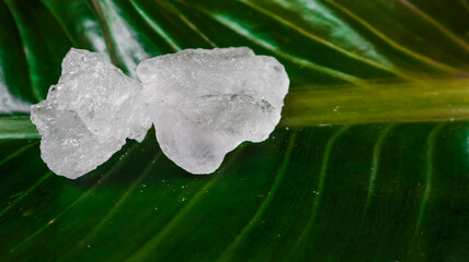 Crystal clear alum cubes or Potassium alum on green leaf. Chemical compound substance. Concept for...