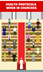 flat vector illustration design of people in churches to prevent covid-19 corona virus concept, pamphlet, flyer, brochure, print, media, poster, banner layout, infographic