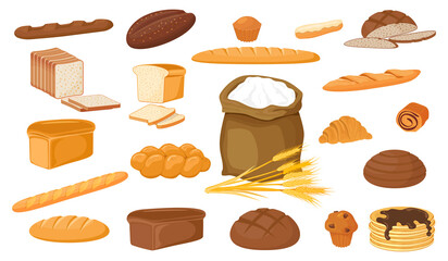 Bakery products on a white background.Confectionery products.Croissants and a French baguette, a loaf of bread and a pancake.Sandwich bread and rye loaves.A set of vector illustrations made of flour.T