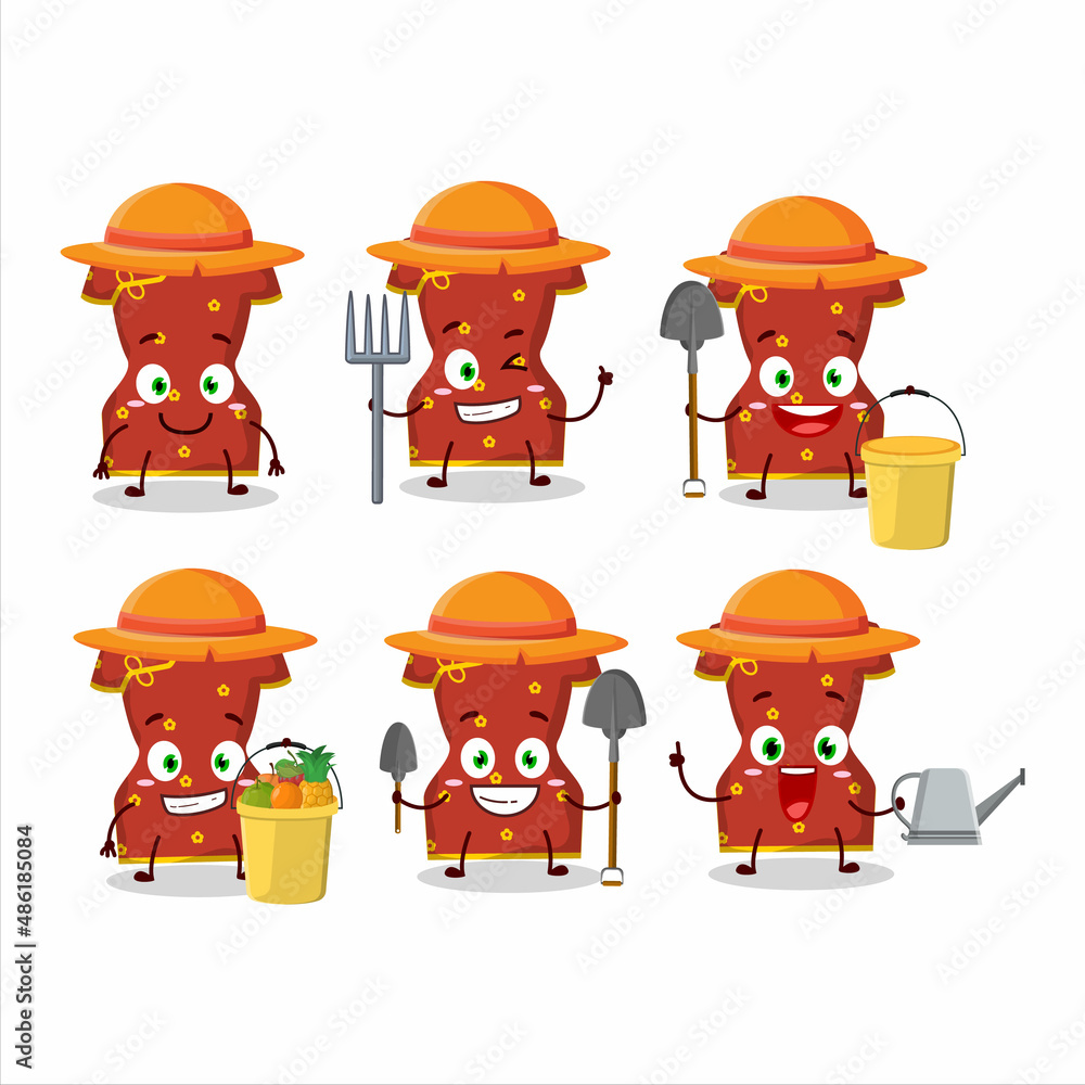 Poster Farmer red clothing of chinese woman cute mascot character with fork