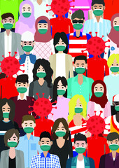 flat vector illustration design of random people wear a mask to prevent covid-19 corona virus concept, people vector, people icon. Can be used for medical and health content