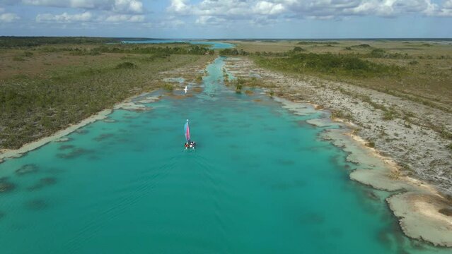 Catamaran Riding in Los Rapidos Lagoon in Bacalar, Mexico. Aerial View