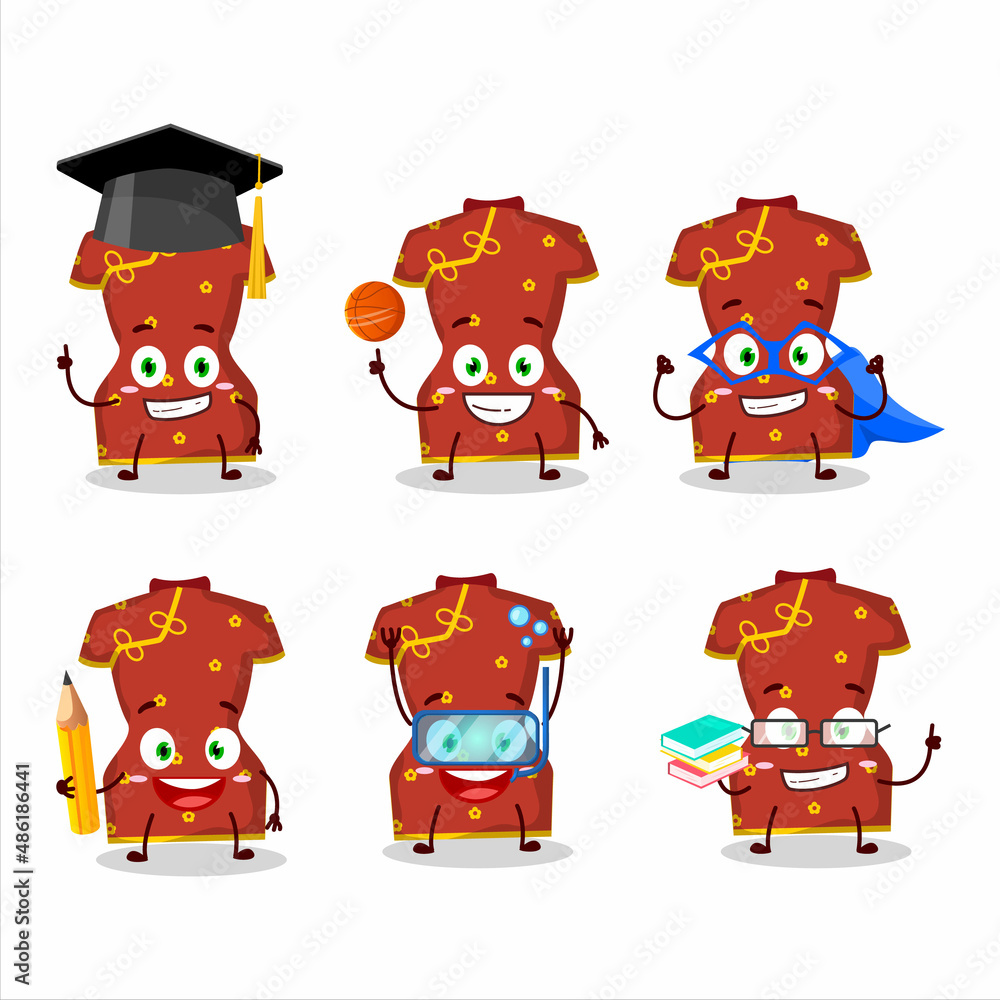 Sticker school student of red clothing of chinese woman cartoon character with various expressions