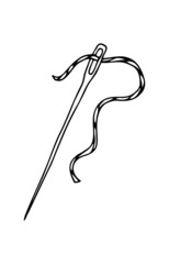 Vector isolated element. Sewing needle. Needle and thread. Black hand drawn doodle on a white background. The print is used for packaging design.