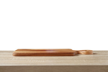 wooden cutting board on table on white background