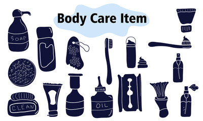 Items and elements for body care. Bathroom supplies, cosmetics, razor, toothpaste, toothbrush. In a solid style. Vector illustration.