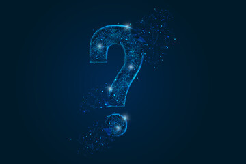 Abstract isolated blue image of a question sign. Polygonal illustration looks like stars in the blask night sky in spase or flying glass shards. Digital design for website, web, internet. © Katsiaryna