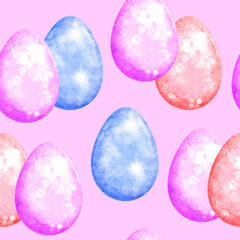 Watercolor seamless hand drawn pattern with Easter eggs bunnies on glitter shimmer shiny texture, magic mystic crystals floral leaves elements. Pastel pink blue purple green spring holiday background