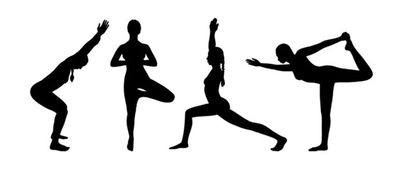Yoga asana set. Set of female silhouettes exercising yoga. Vector illustration isolated on white background
