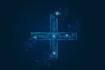 Abstract isolated blue image of a plus or cross sign. Polygonal illustration looks like stars in the blask night sky in spase or flying glass shards. Digital design for website, web, internet. - obrazy, fototapety, plakaty