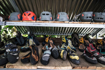 equipment of shoes and safety helmet for climbing