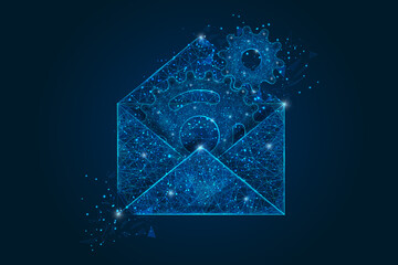 Abstract isolated image of a letter, mail or message interaction, business, connection. Polygonal illustration looks like stars in the blask night sky in spase or flying glass shards. - obrazy, fototapety, plakaty