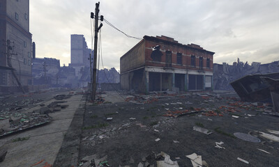 Post apocalyptic cityscape 3d illustration ruined buildings