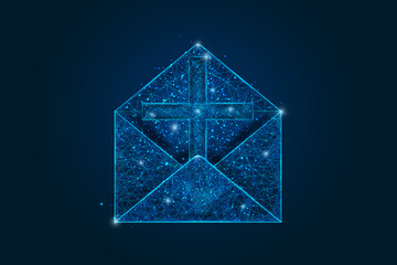 Abstract isolated image of a letter, mail or message with cross. Polygonal illustration looks like stars in the blask night sky in spase or flying glass shards. Digital design for website, web - obrazy, fototapety, plakaty