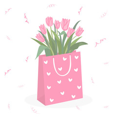 Pink tulips in a package. Floral composition for holiday and celebration. Vector illustration isolated on white background.