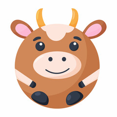 Cute cartoon round animal cow face, vector zoo sticker isolated on white background. 