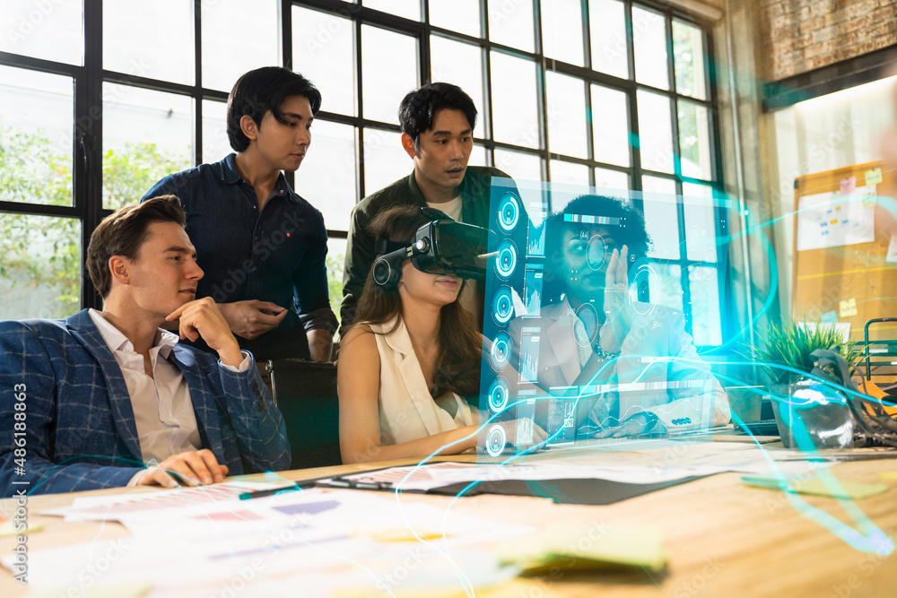 Aufkleber creative digital development agency and augmented reality concept.businessman use vr glasses(virtual