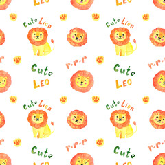 Cute cartoon watercolor lion pattern with lions
