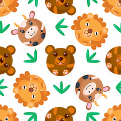 Seamless vector pattern of bear, lion, cow. Round sheep, cat, owl on background