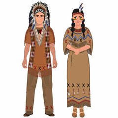 Woman and man in folk national Native Americans costumes. Vector illustration