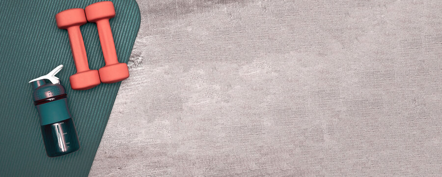 Web banner template with fitness stuff on the floor in the sports gym. Mat, dumbbell, bottle for water. Healthy lifestyle and sport. Pink toned