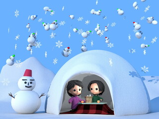 Naklejka premium 雪のかまくら、こたつで餅を焼く子どもたち