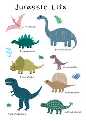 Set Dinosaurs with Scandinavian illustration style. Can be used for posters, cards, banners, flyers. merchandise.