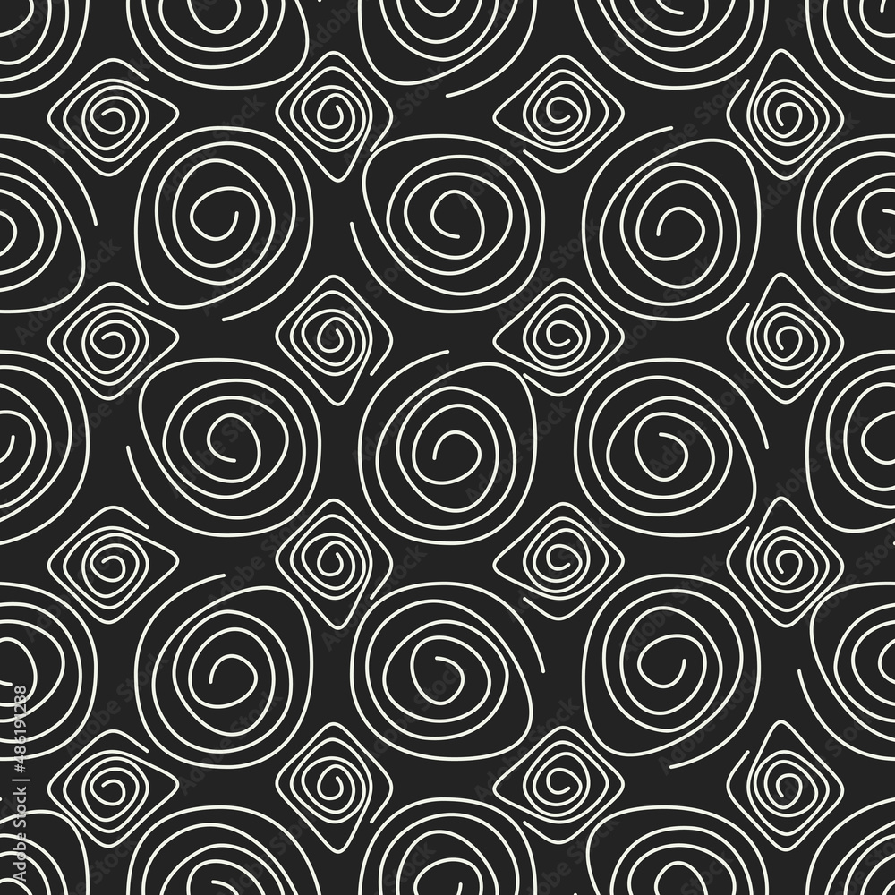 Poster black background and white coils seamless pattern. vector.