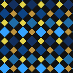 Diagonal blue squares and small yellow orange rhombs. Vector plaid seamless pattern.