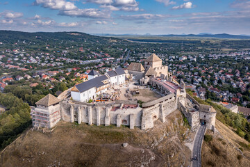 Aerial view of medieval Sumeg castle close to lake Balaton in Hungary  forming a triangle shape on...