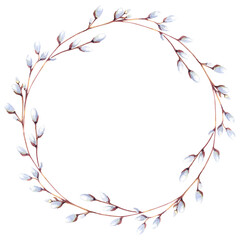 Watercolor Easter willow wreath. Isolated on white background. Decorative elements for cards, design invitations. Hand painted round frame.