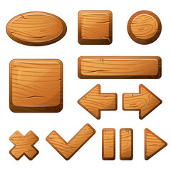 Wooden buttons for user interface design in game, video player or website. Vector cartoon  - obrazy, fototapety, plakaty