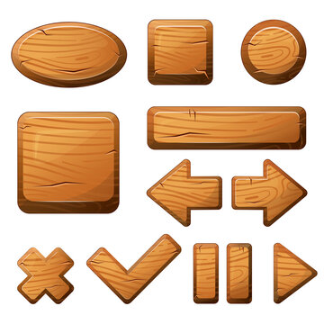 Wooden buttons for user interface design in game, video player or website. Vector cartoon 