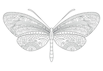 Butterfly coloring page. Anti-stress coloring book for adults and children. Zentangle. Black and white moth doodle sketch. Tattoo design
