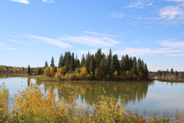 Fototapeta na wymiar autumn landscape with lake, Elk Island National Park, Alberta