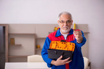 Old male carpenter working indoors