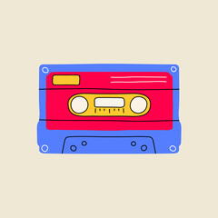 Classic 80s 90s elements in modern style flat, line art style. Hand drawn vector illustration audio or musical cassette. Fashion patch, badge, emblem, logo